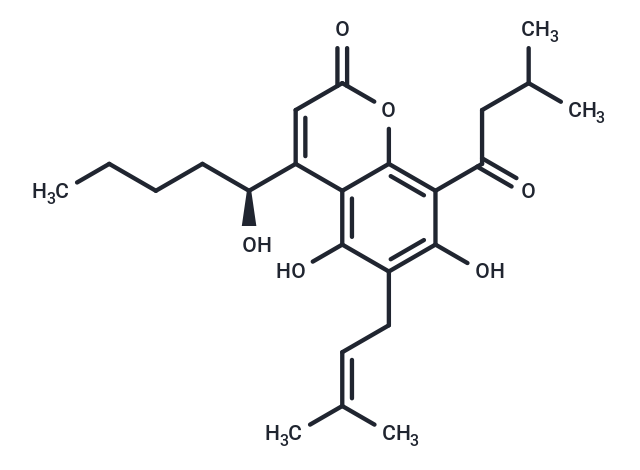 5,7-dihydroxy-4-[1-hydroxypentyl]-6-(3-methylbut-2-en-1-yl)-8-(3-methylbutanoyl)-2H-chromen-2-one