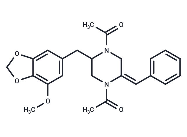 1-[4-acetyl-5-[(7-methoxy-2H-1,3-benzodioxol-yl)methyl]-2-(phenylmethylidene)piperazin-yl]ethan-one